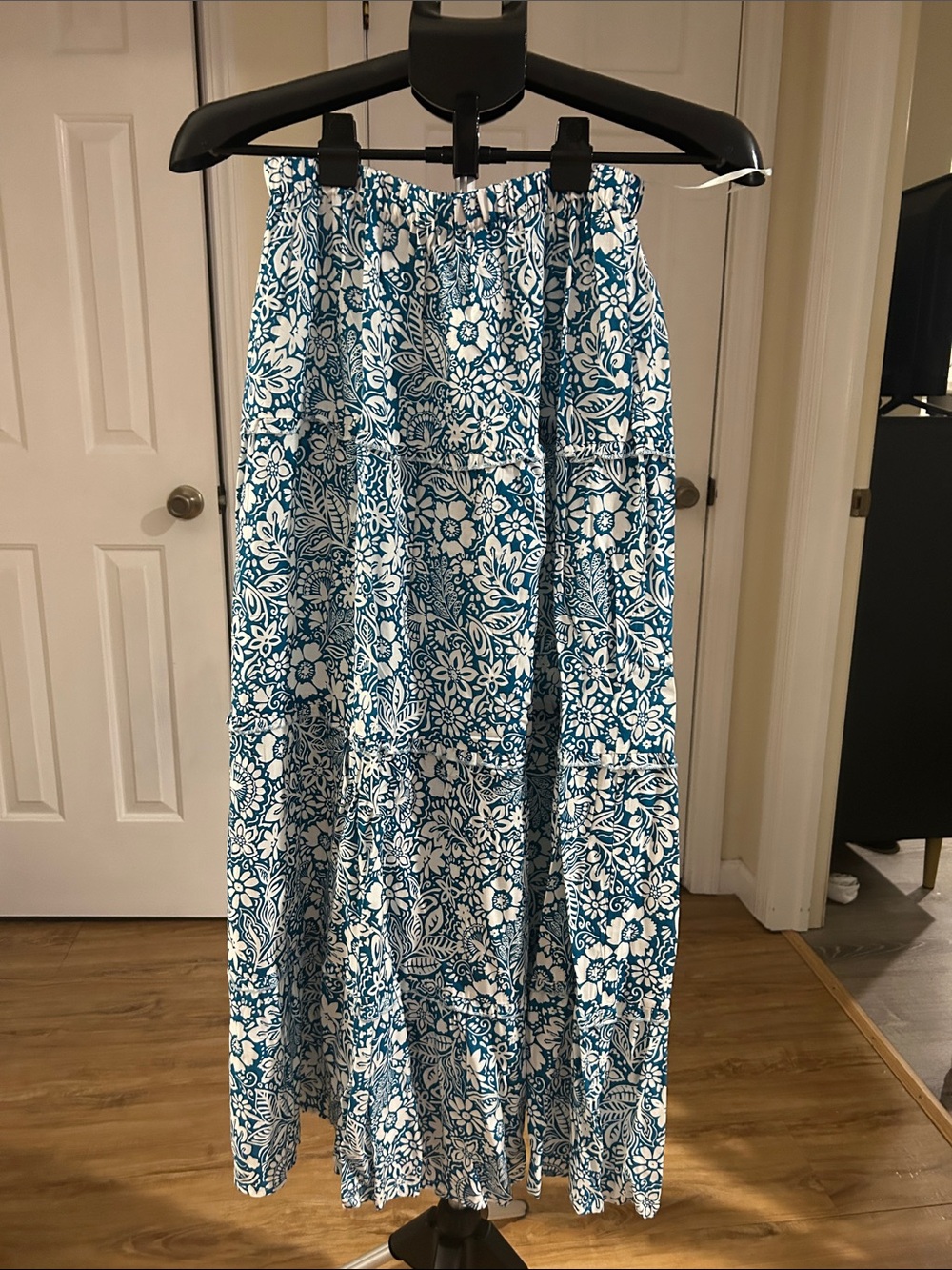 Blue Floral Tiered Maxi Skirt